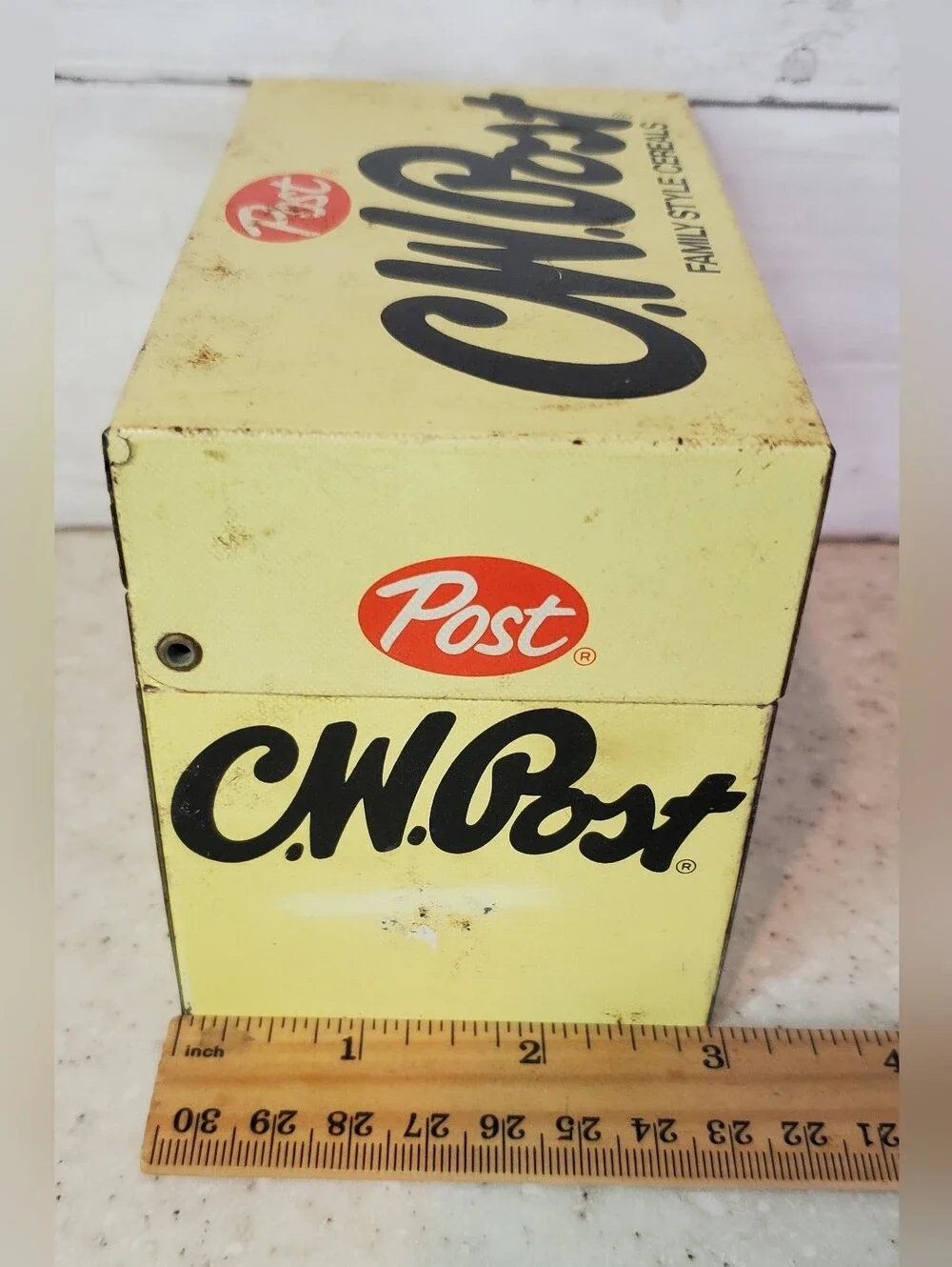 Vintage C.W. Post Family Style Cereals Metal Recipe Box MCM Kitchen Tin w/ Recip
